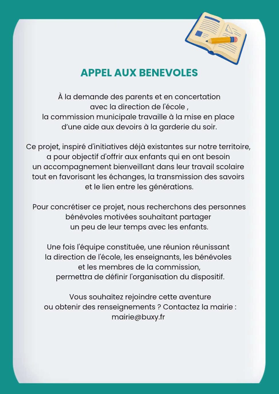 Appel aux bénévoles pour l'aide aux devoirs contacter la mairie de Buxy : mairie@buxy.fr