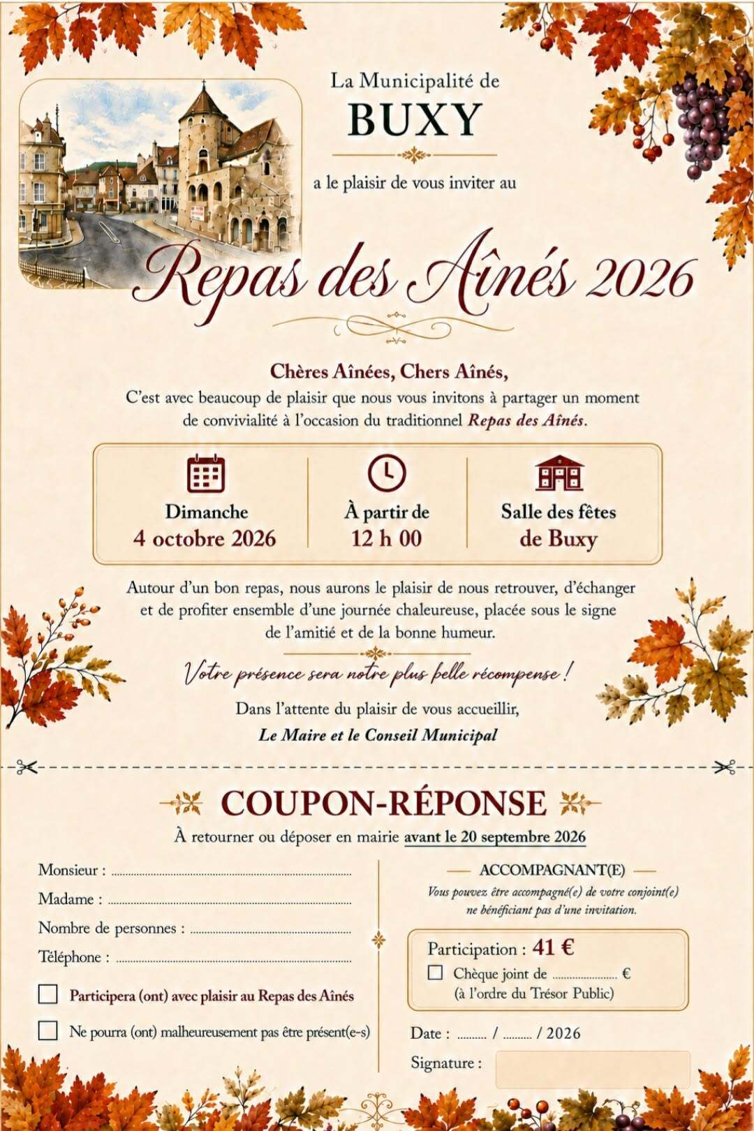 Repas des ainés le 4 octobre salle des fêtes 
